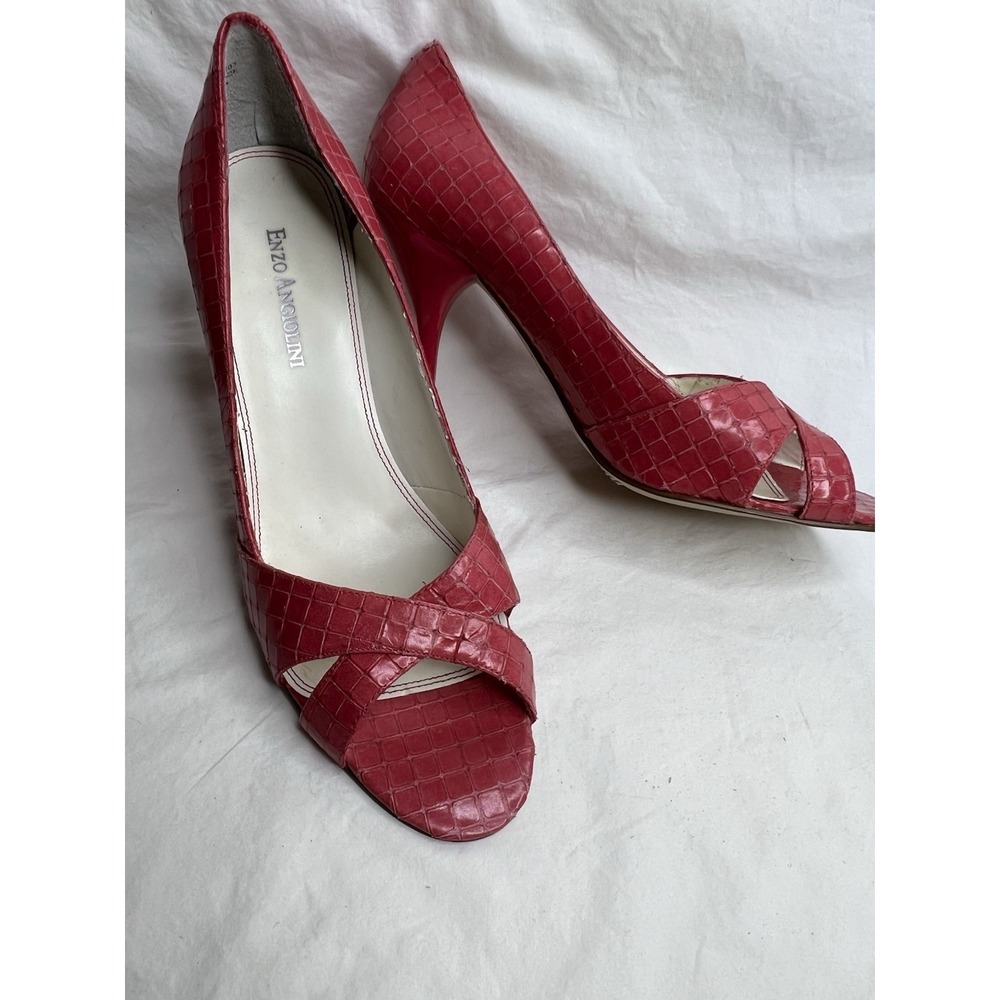 Enzo Angiolini Pink Croc Embossed Peep Toe Heels Women's Size 8.5M Leather Pumps